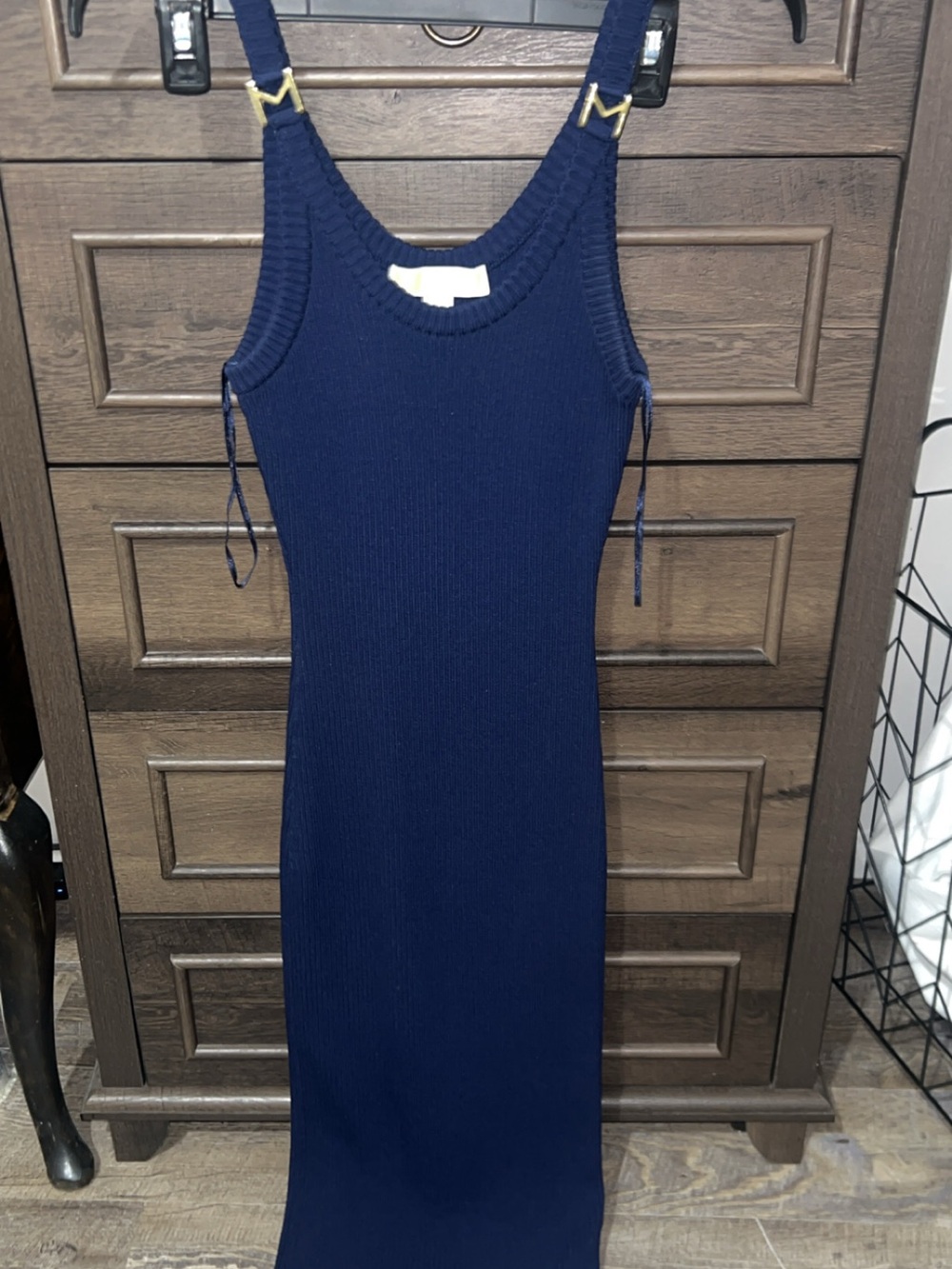 Michael Kors Navy Ribbed Maxi Dress with Gold Hardware